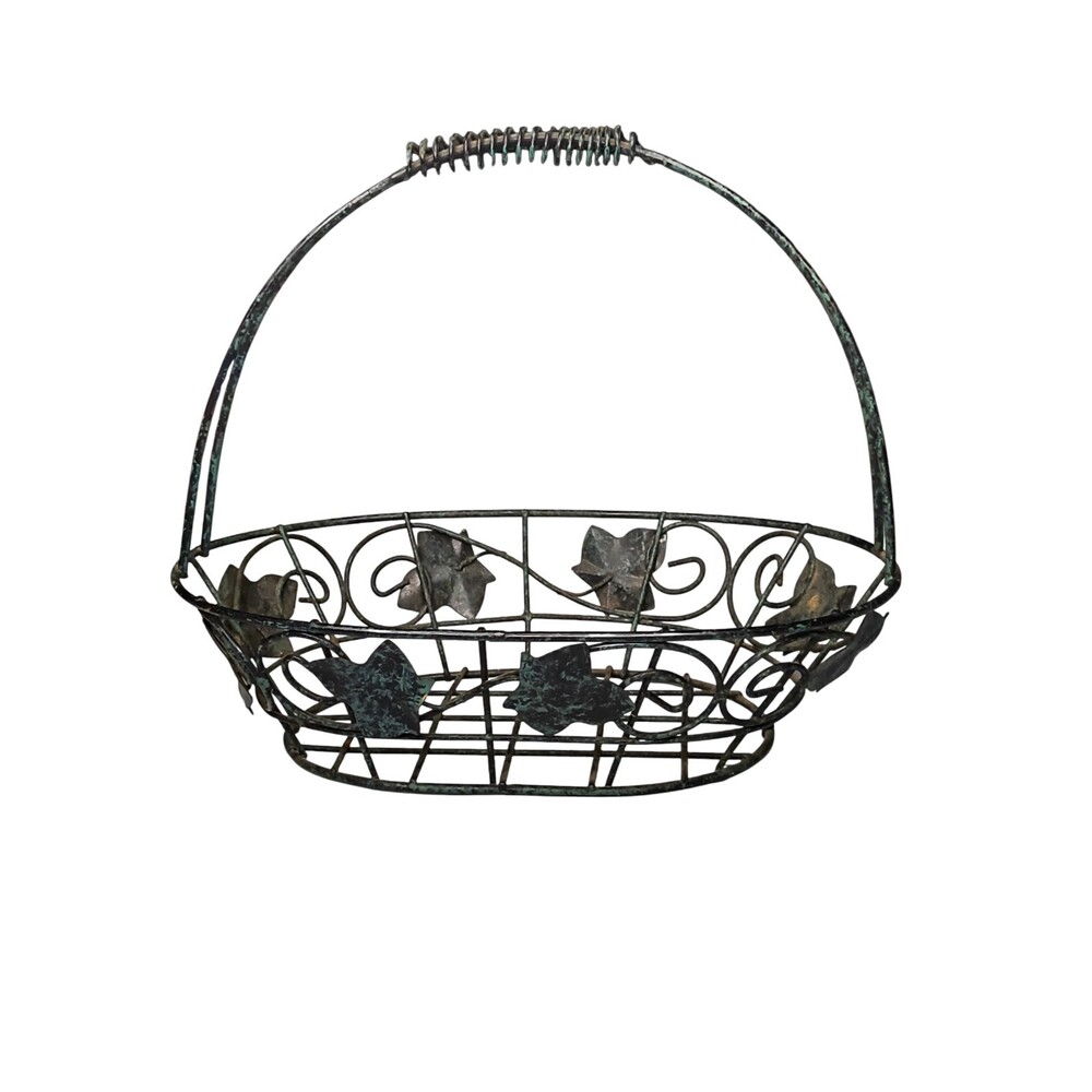 Decorative Wire Basket With Antique Green Leaf Accents Center Piece Egg Gather